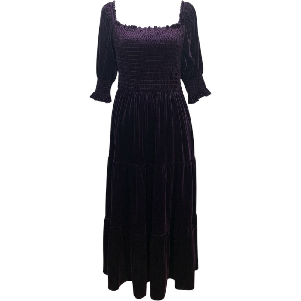 R.Vivimos Purple Velvet Smocked Tiered Midi Dress Medium Puff Sleeve Cottagecore